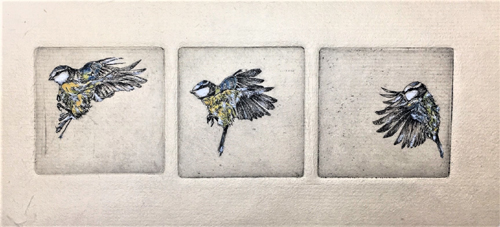Triptych etching on copper (multi-layered soft and hard grounds, drypoint) watercolour wash, conté) on Japanese gampi papers bonded to Fabriano with chine collé